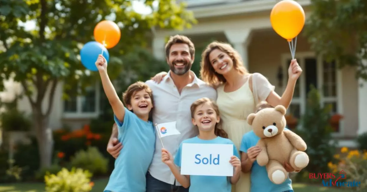 A happy family celebrating after successfully purchasing their dream home with the help of a buyer's agent.