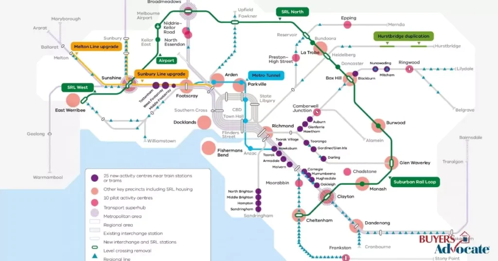 Illustrated map of Melbourne showing the Suburban Rail Loop, housing precincts, and key transport upgrades impacting residential growth in 2025.