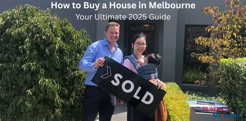 A cheerful buyer holding a "Sold" sign in front of a charming Melbourne home