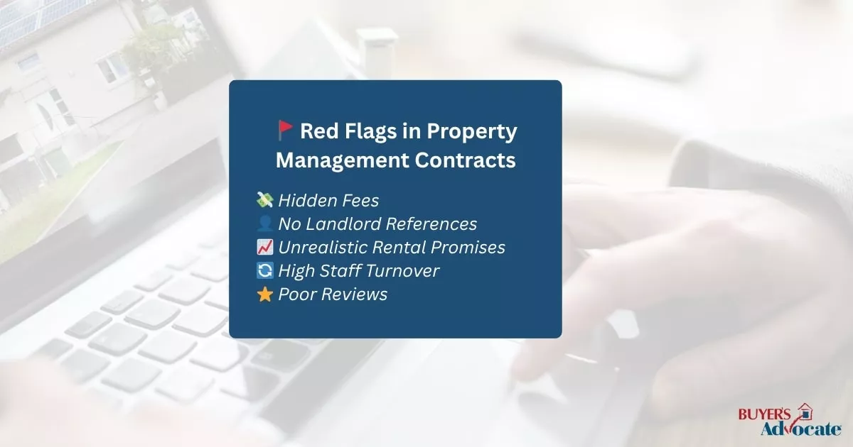 A checklist graphic showing red flags in property management contracts.
