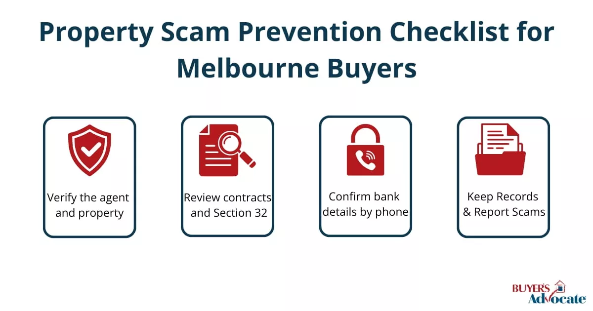 Property scam prevention checklist for Melbourne buyers showing key steps to verify agents, review contracts, confirm bank details and report scams